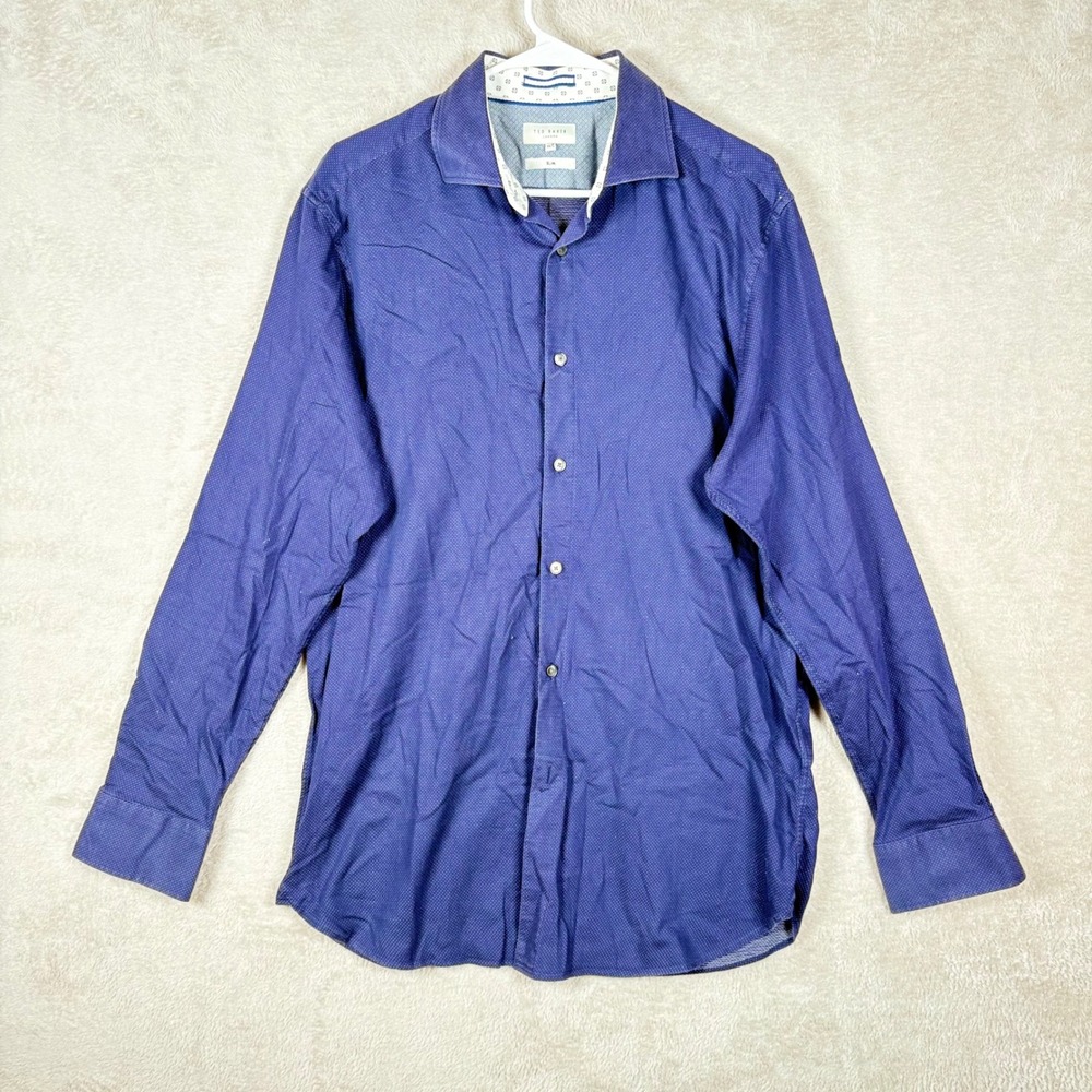 Ted Baker Button Down Shirt Mens 16.5 Slim Blue Micro Dot Long Sleeve‎ MAYYER